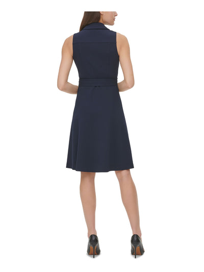 TOMMY HILFIGER Womens Navy Belted Sleeveless Point Collar Above The Knee Wear To Work Fit + Flare Dress 10