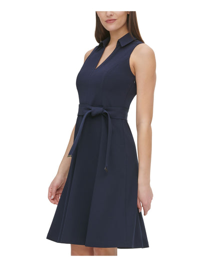 TOMMY HILFIGER Womens Navy Belted Sleeveless Point Collar Above The Knee Wear To Work Fit + Flare Dress 14