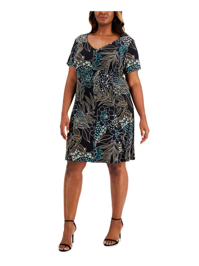 CONNECTED APPAREL Womens Black Stretch Printed Short Sleeve V Neck Above The Knee Party Fit + Flare Dress Plus 24W