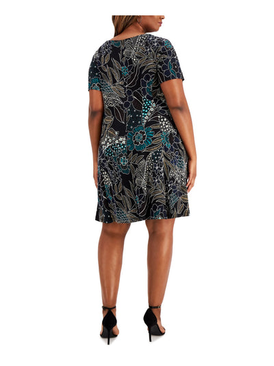 CONNECTED APPAREL Womens Black Stretch Printed Short Sleeve V Neck Above The Knee Party Fit + Flare Dress Plus 24W