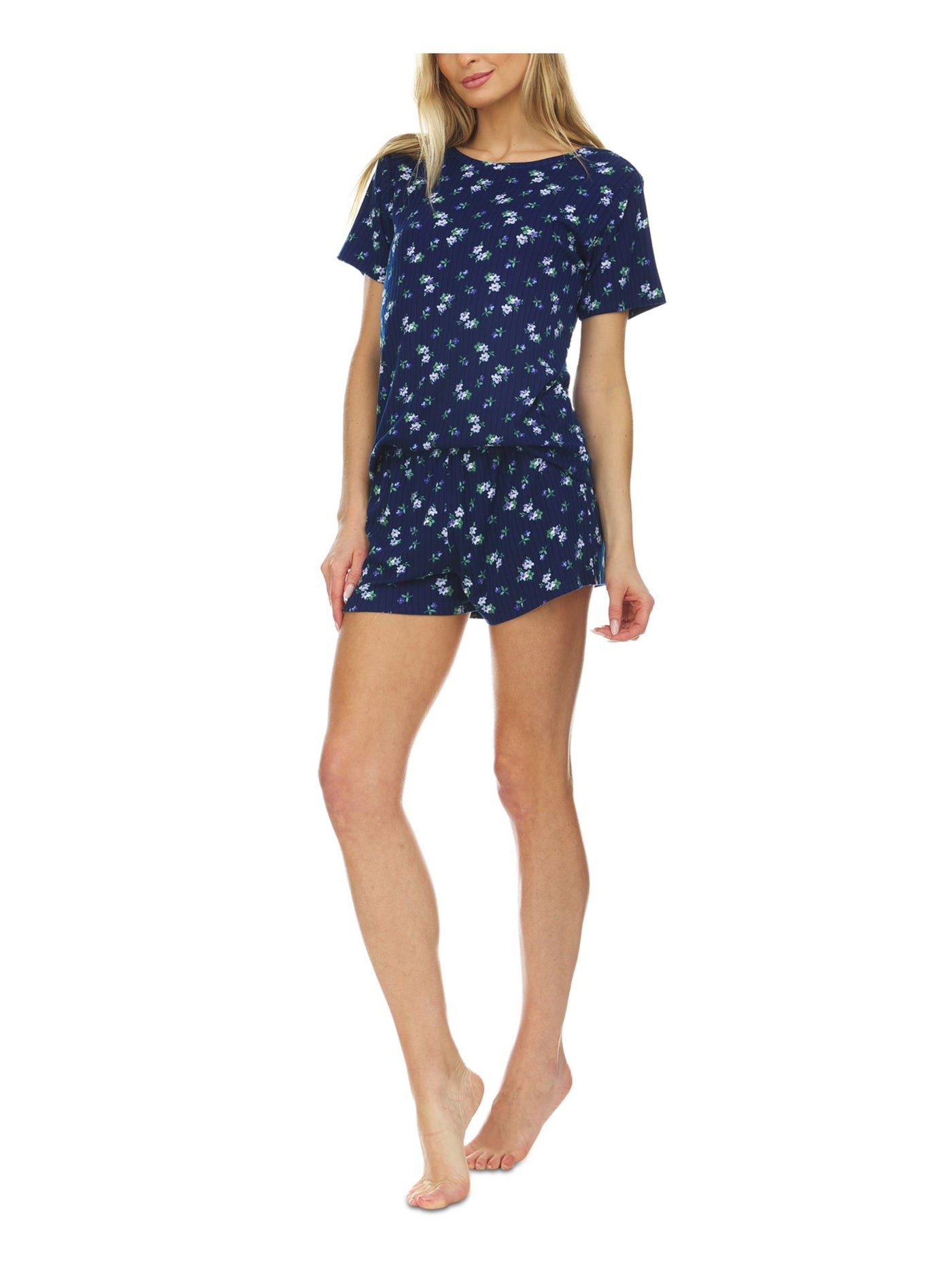 FLORA Womens By Flora Niktooz Navy Floral Ribbed Short Sleeve T-Shirt Top and Shorts Knit Pajamas L