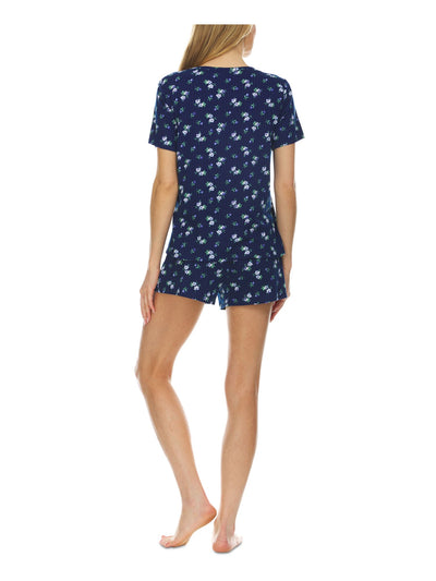 FLORA Womens By Flora Niktooz Navy Floral Ribbed Short Sleeve T-Shirt Top and Shorts Knit Pajamas M