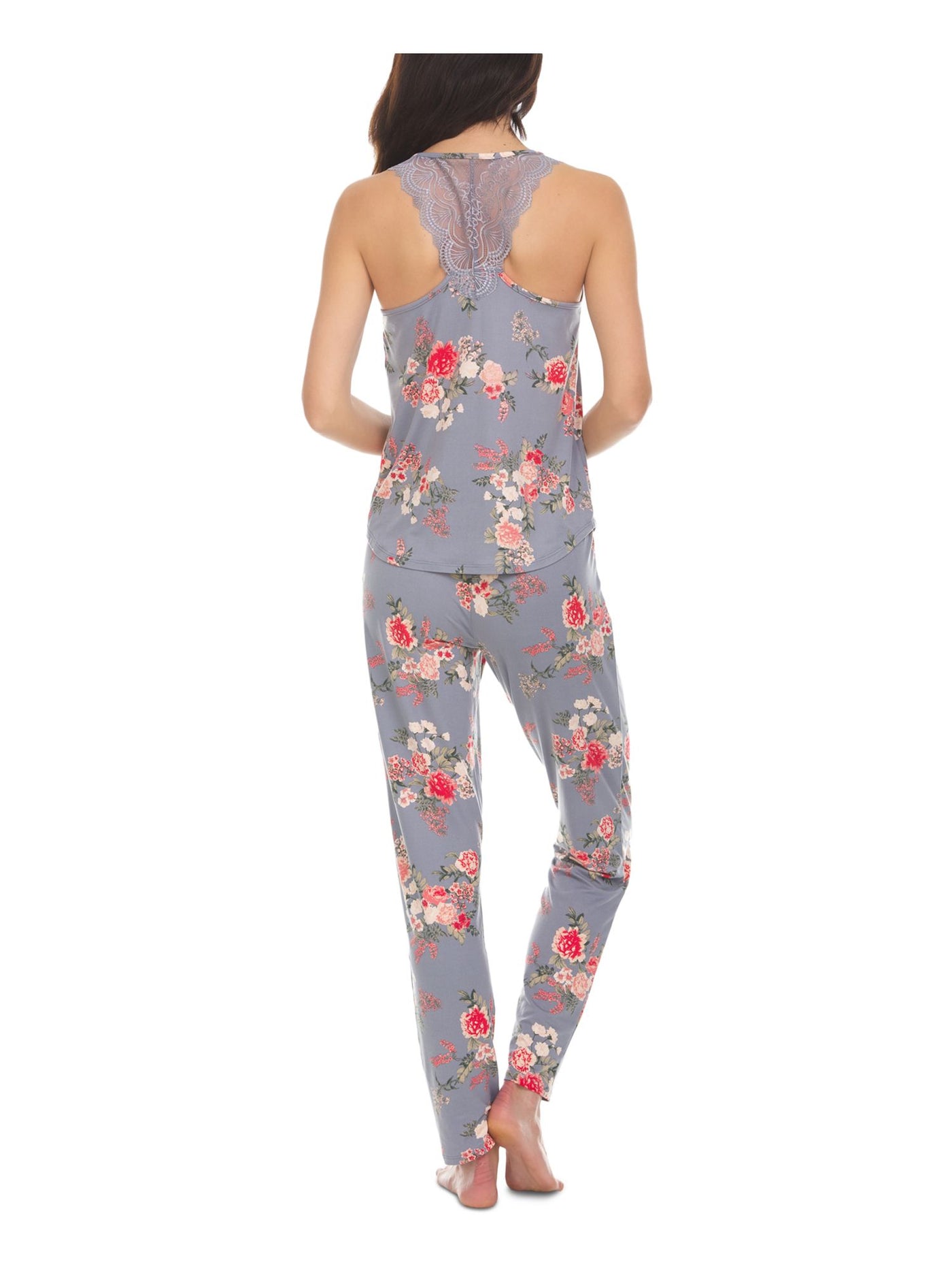 FLORA Womens Gray Floral Elastic Band Sleeveless Tank Top Straight leg Pants Pajamas Juniors L
