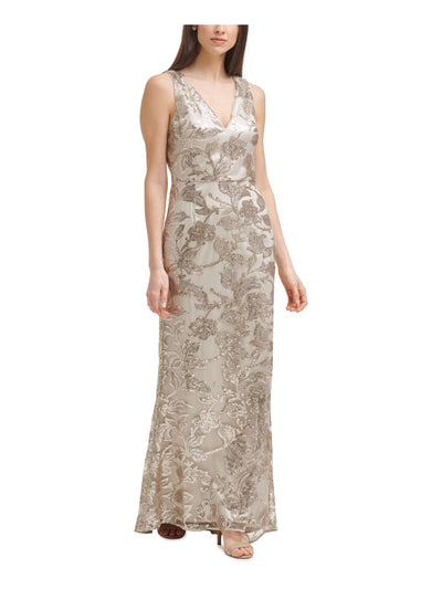 VINCE CAMUTO Womens Gold Zippered Sequined Embellishments Sleeveless V Neck Full-Length Formal Sheath Dress 4
