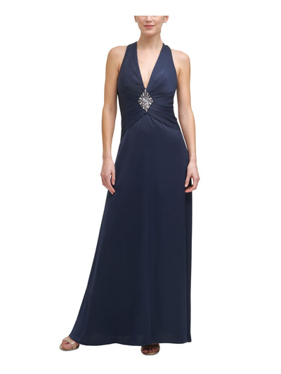VINCE CAMUTO Womens Zippered Embellished Cross-back Pleated Sleeveless V Neck Full-Length Evening Gown Dress
