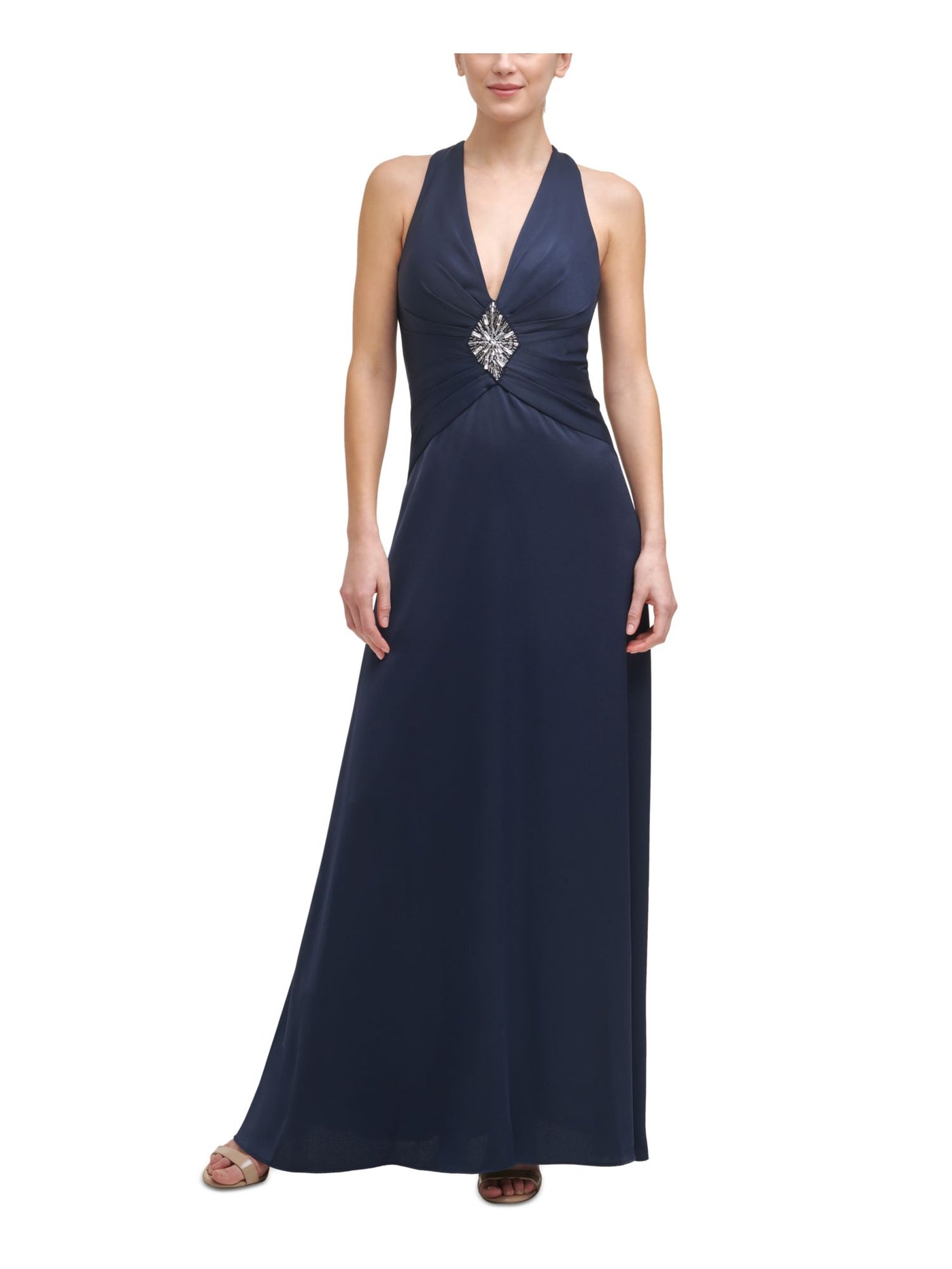 VINCE CAMUTO Womens Navy Zippered Embellished Cross-back Pleated Sleeveless V Neck Full-Length Evening Gown Dress 14