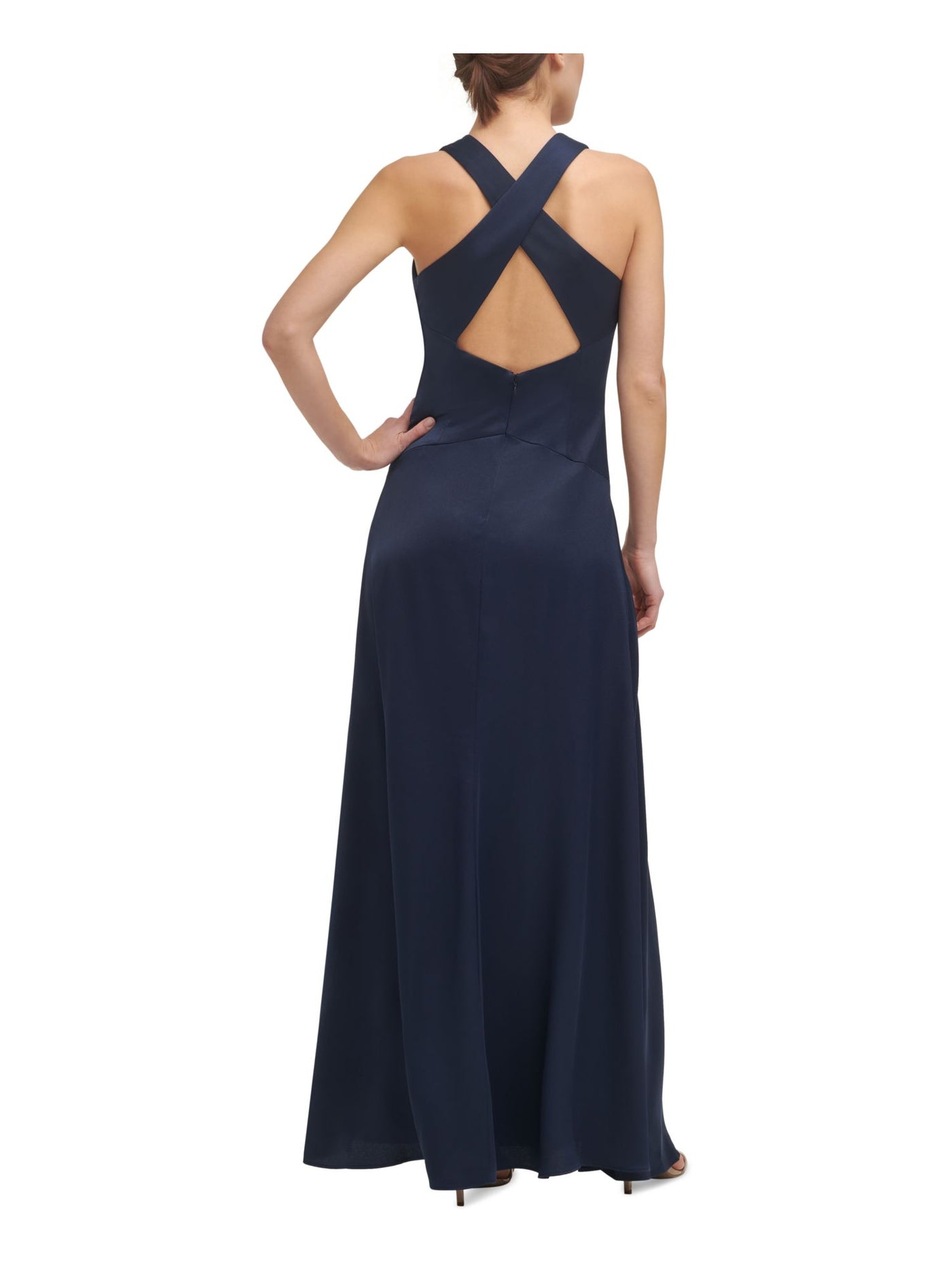 VINCE CAMUTO Womens Navy Zippered Embellished Cross-back Pleated Sleeveless V Neck Full-Length Evening Gown Dress 14