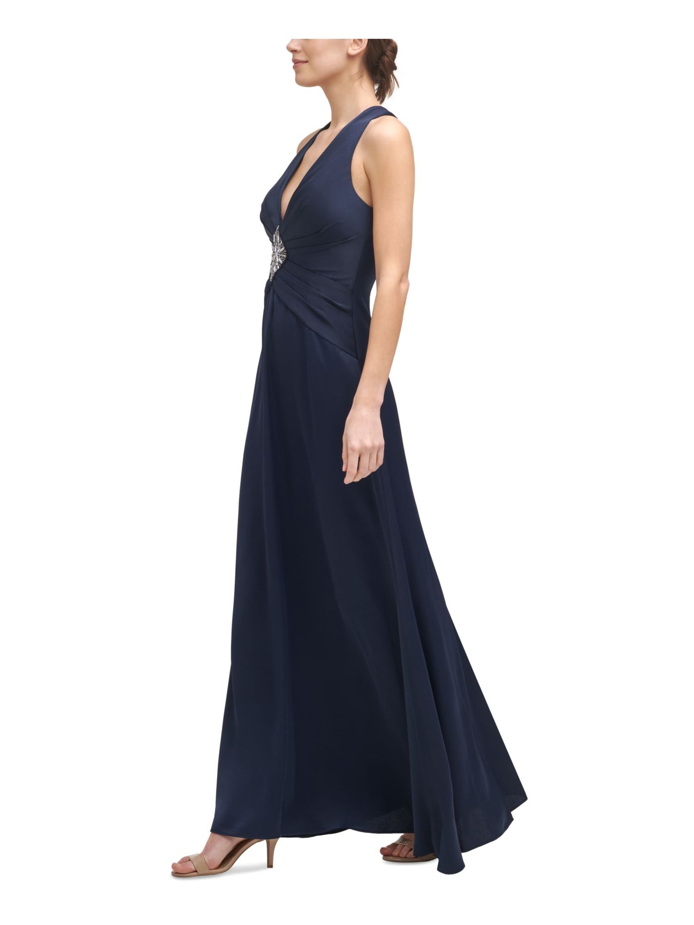 VINCE CAMUTO Womens Navy Zippered Embellished Cross-back Pleated Sleeveless V Neck Full-Length Evening Gown Dress 12