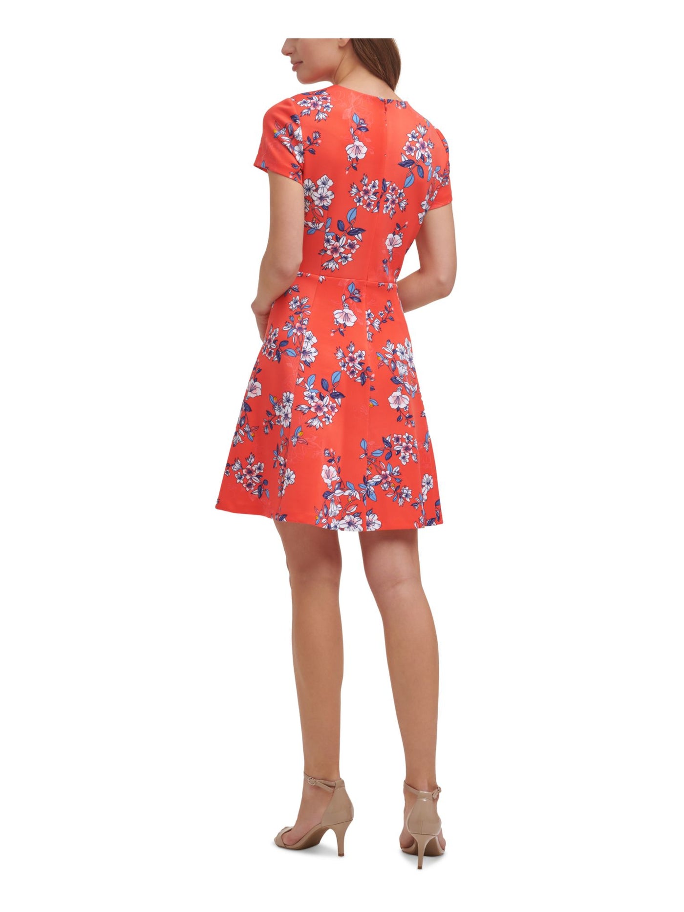 VINCE CAMUTO Womens Coral Zippered Fitted Unlined Floral Short Sleeve Round Neck Short Wear To Work Fit + Flare Dress 16