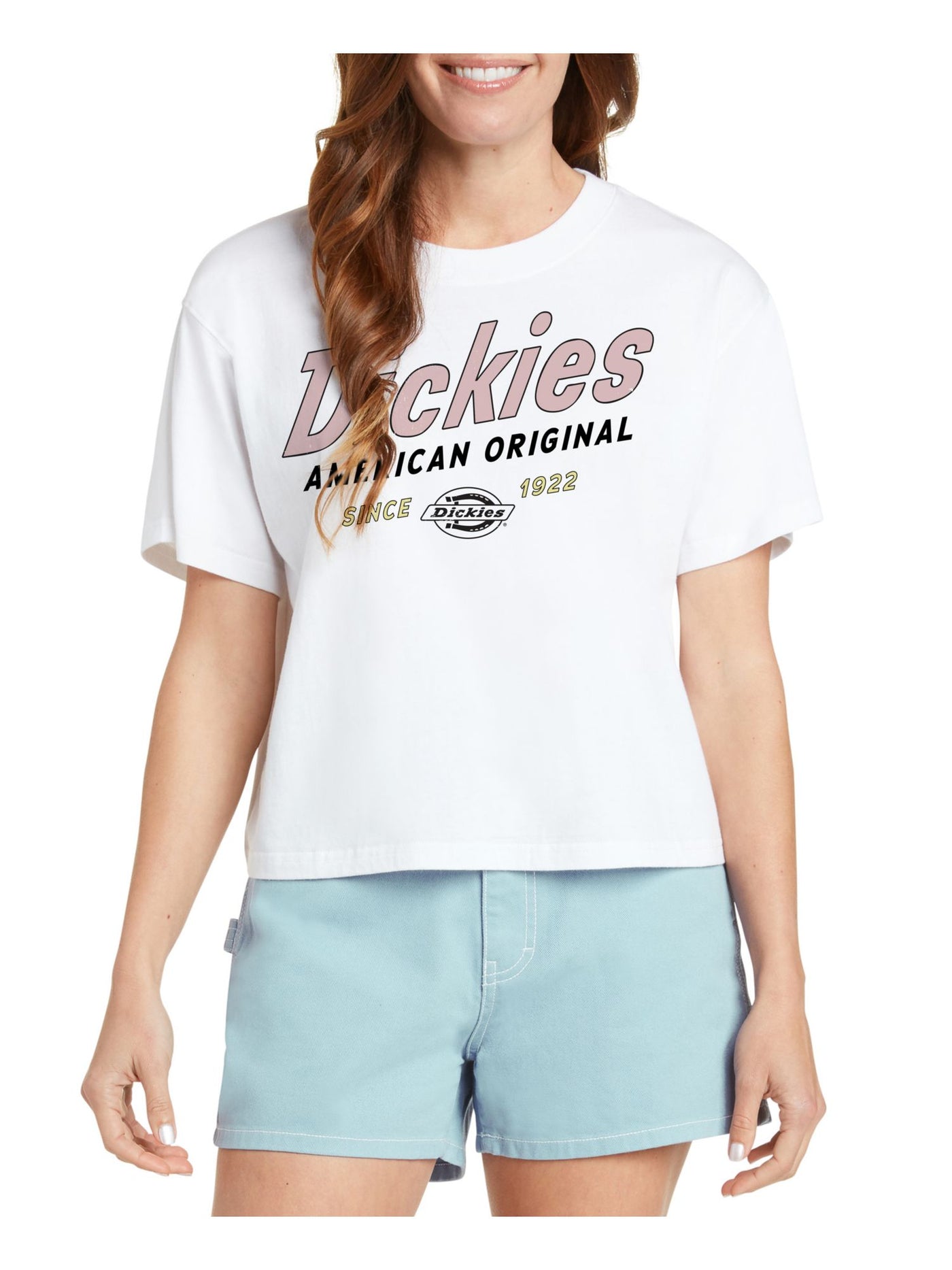 DICKIES Womens White Cotton Short Length Relaxed Fit Graphic Short Sleeve Crew Neck Crop Top Juniors S