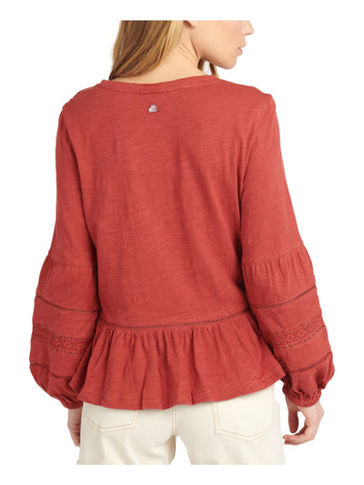 BARBOUR Womens Red Jersey Ruffled Eyelet Elastic-cuffs Blouson Sleeve Scoop Neck Top 10