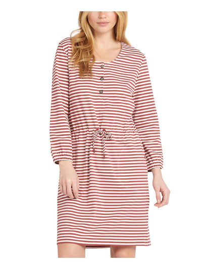 BARBOUR Womens White Stretch Pocketed Striped Long Sleeve Scoop Neck Above The Knee Sheath Dress 4