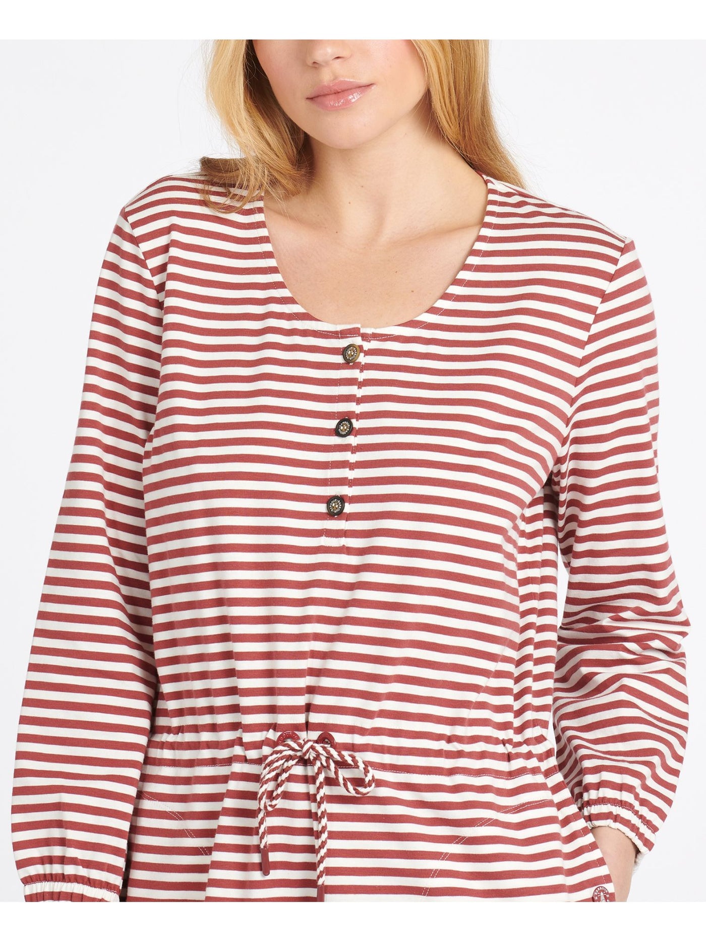 BARBOUR Womens White Stretch Pocketed Striped Long Sleeve Scoop Neck Above The Knee Sheath Dress 4