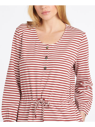 BARBOUR Womens White Stretch Pocketed Striped Long Sleeve Scoop Neck Above The Knee Sheath Dress 4