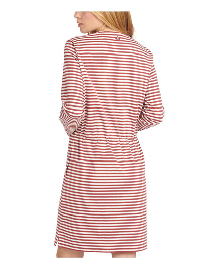 BARBOUR Womens White Stretch Pocketed Striped Long Sleeve Scoop Neck Above The Knee Sheath Dress 4