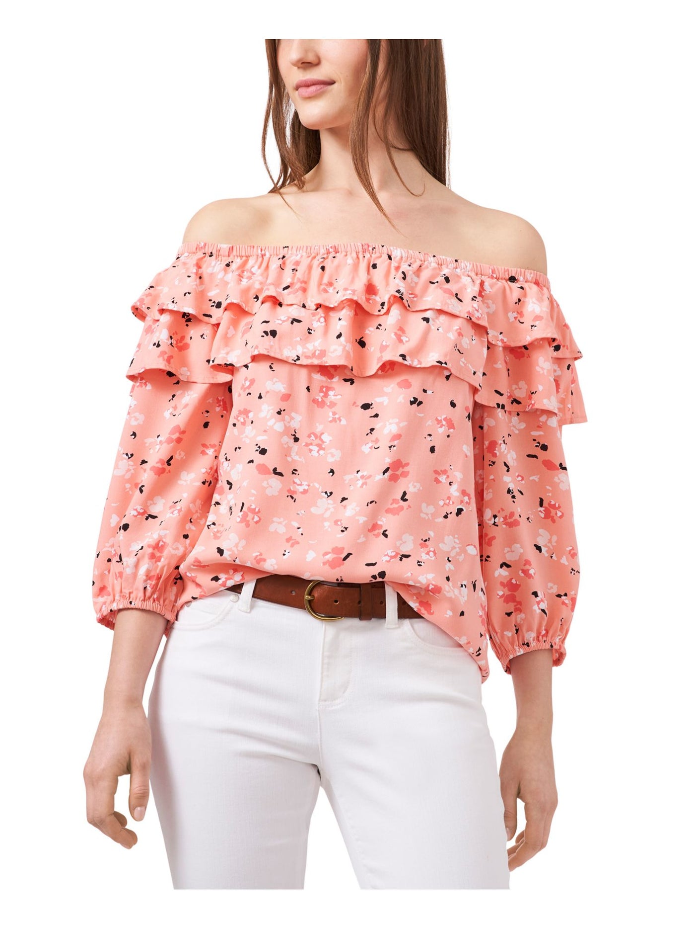 RILEY&RAE Womens Stretch Ruffled 3/4 Balloon Sleeves Tiered Off Shoulder Top