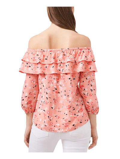 RILEY&RAE Womens Coral Stretch Ruffled 3/4 Balloon Sleeves Tiered Printed Off Shoulder Top S