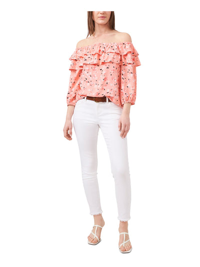 RILEY&RAE Womens Coral Stretch Ruffled 3/4 Balloon Sleeves Tiered Printed Off Shoulder Top XS
