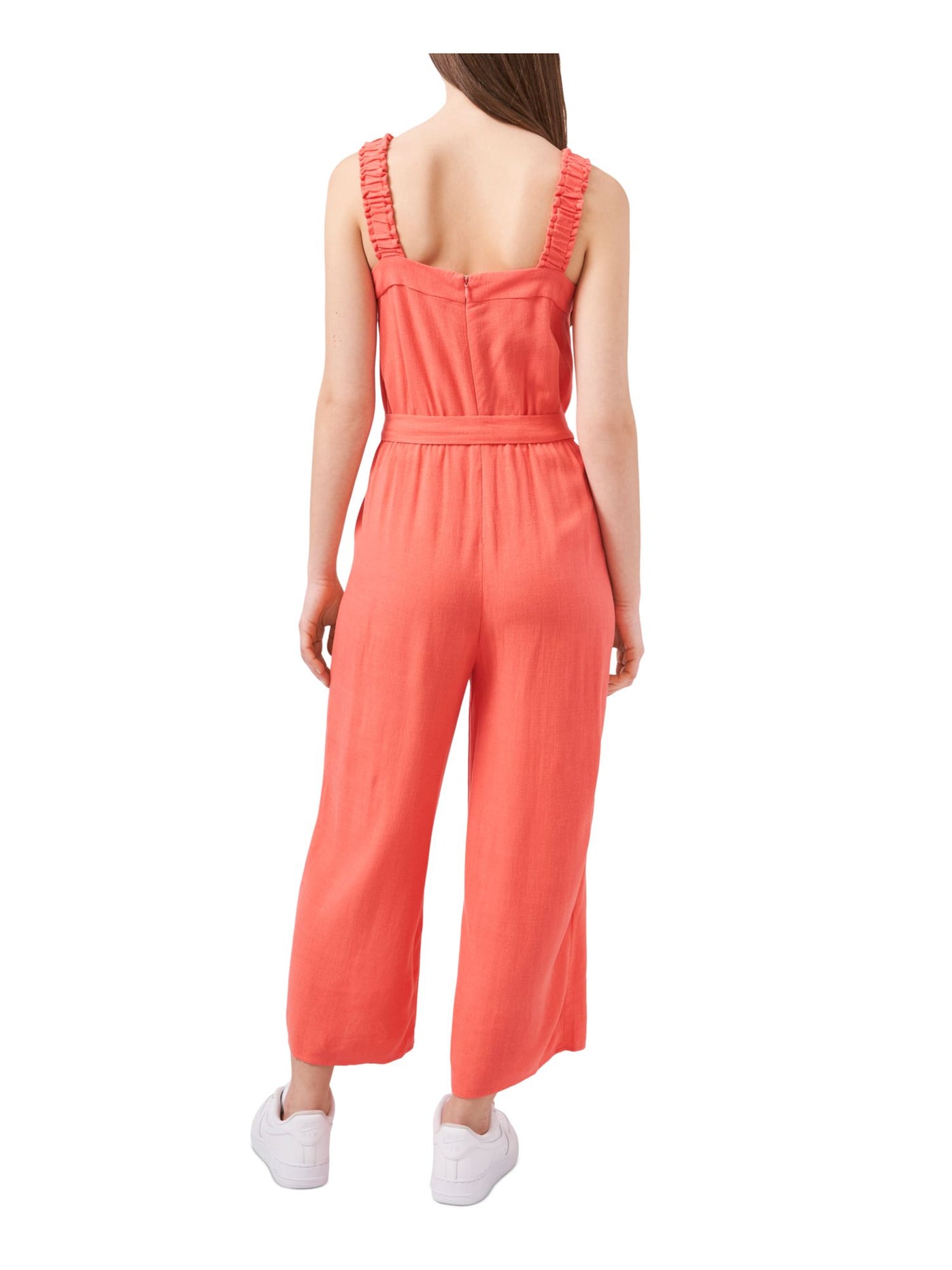 RILEY&RAE Womens Coral Zippered Ruched Tie-belt Sleeveless Sweetheart Neckline Wide Leg Jumpsuit 4