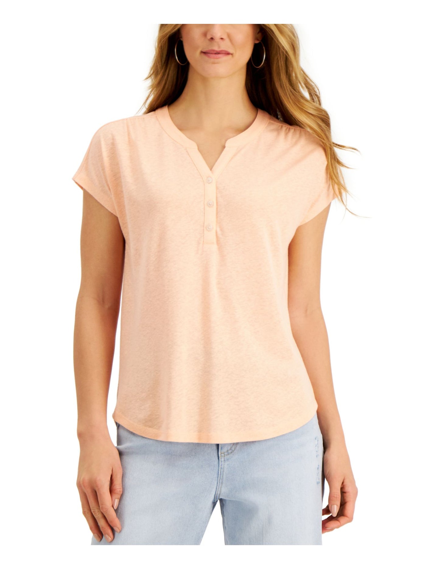 STYLE & COMPANY Womens Coral Short Sleeve Split Top XS