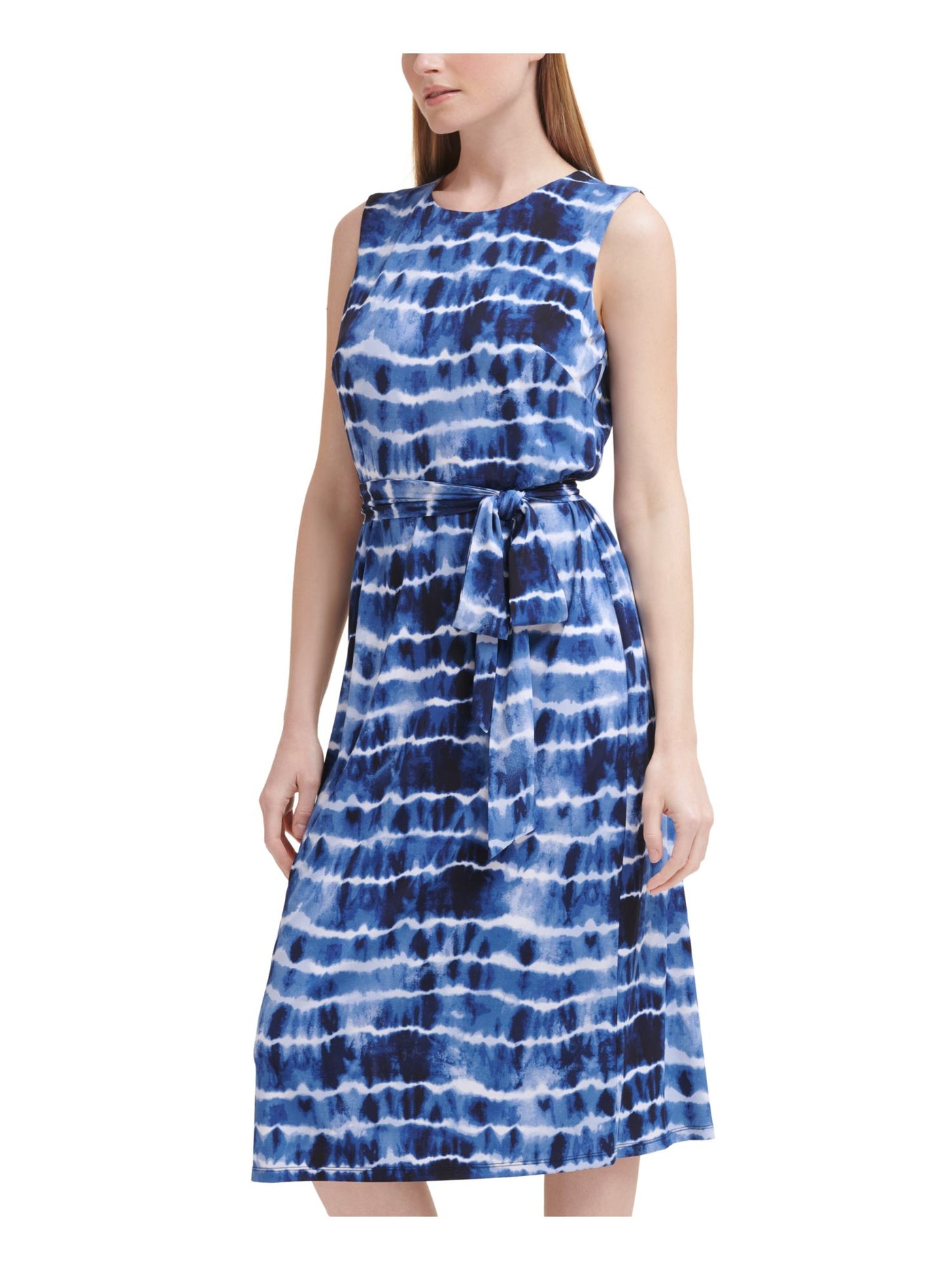 JESSICA HOWARD Womens Blue Stretch Belted Slitted Tie Dye Sleeveless Round Neck Midi Evening Sheath Dress Petites 12P