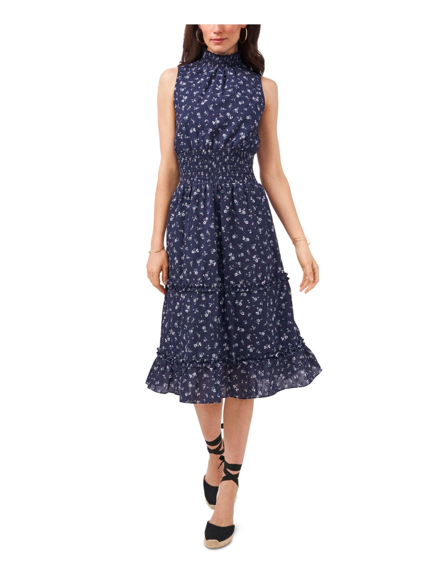 1. STATE Womens Navy Eyelet Smocked Floral Sleeveless Mock Neck Above The Knee Wear To Work Fit + Flare Dress M