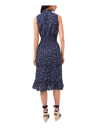 1. STATE Womens Navy Eyelet Smocked Floral Sleeveless Mock Neck Above The Knee Wear To Work Fit + Flare Dress M