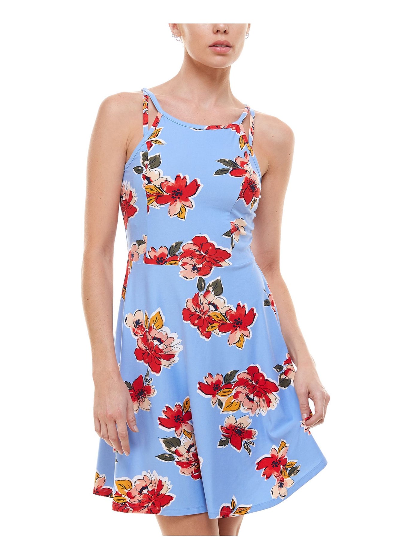 PLANET GOLD Womens Light Blue Stretch Floral Sleeveless Scoop Neck Above The Knee Party Fit + Flare Dress Juniors S