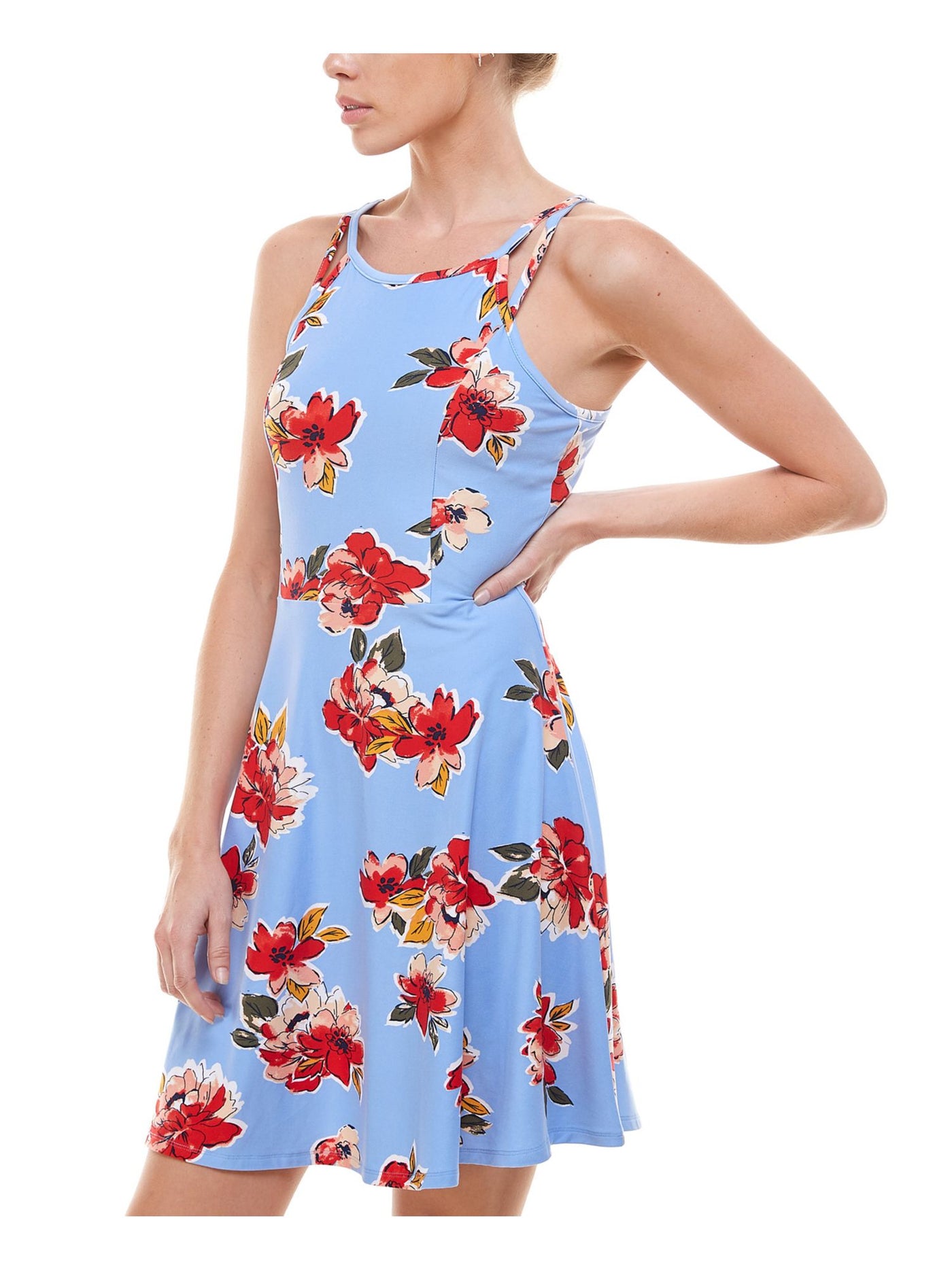 PLANET GOLD Womens Blue Stretch Floral Sleeveless Scoop Neck Above The Knee Party Fit + Flare Dress Juniors XXS