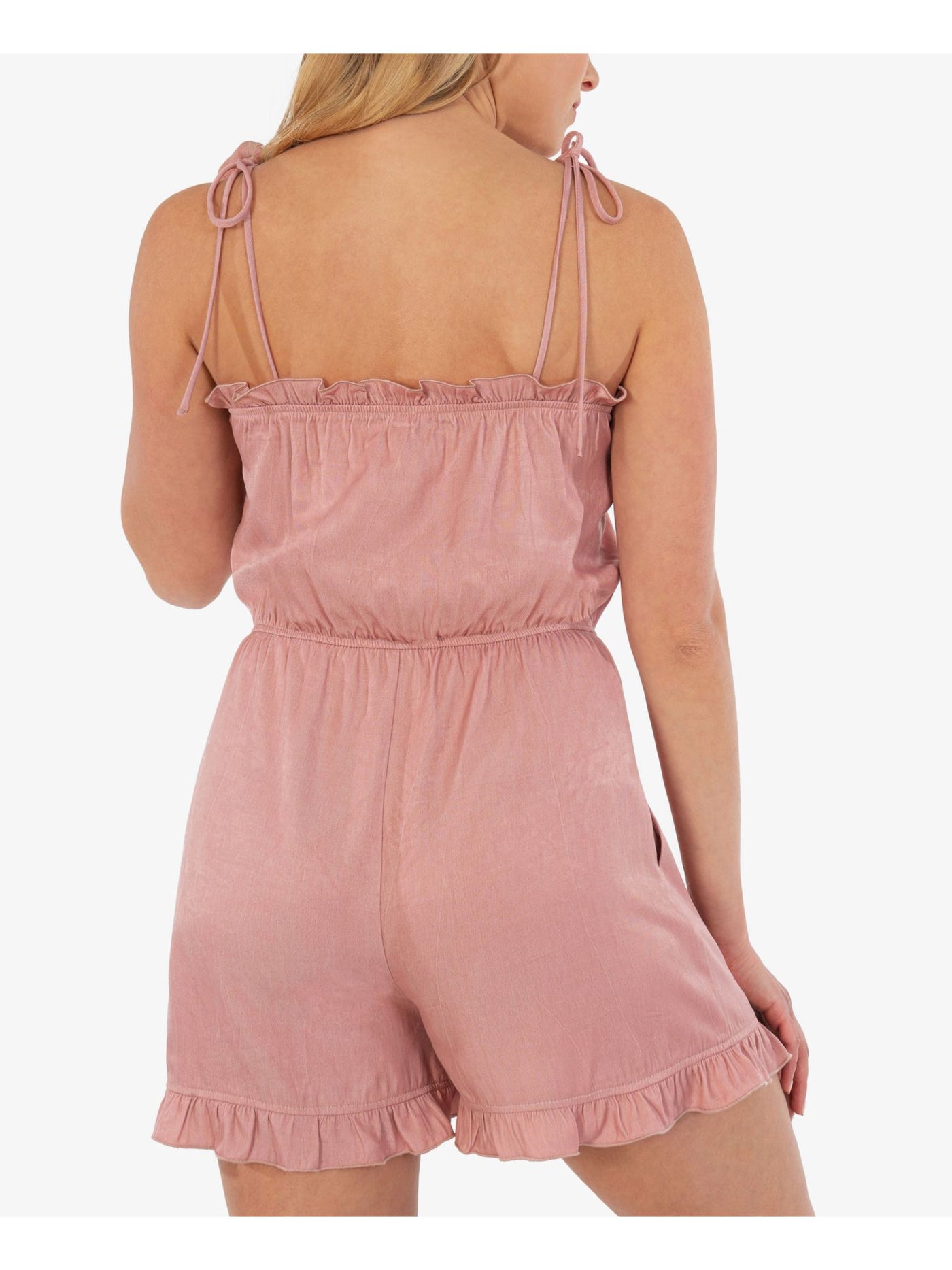 SPEECHLESS Womens Pink Tie Ruffled Elastic Waistband Spaghetti Strap Square Neck Wide Leg Romper M