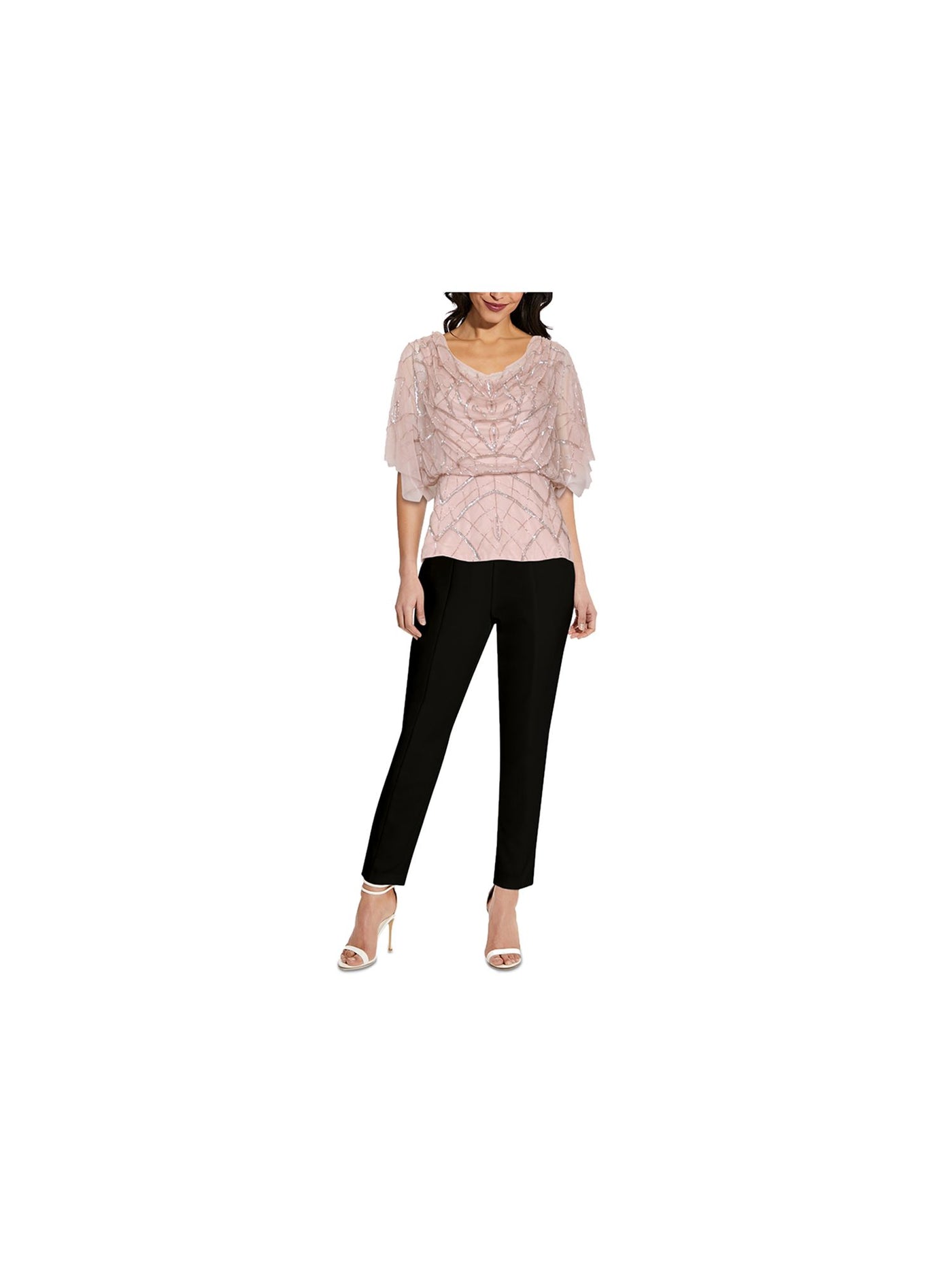 ADRIANNA PAPELL Womens Pink Zippered Beaded Sequin Embellished Flutter Sleeve Cowl Neck Party Top 2