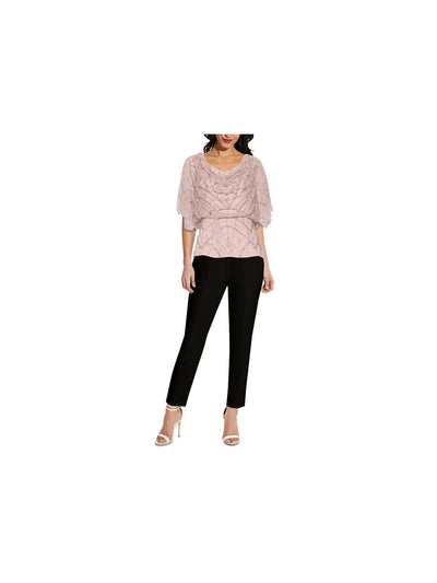 ADRIANNA PAPELL Womens Pink Zippered Beaded Sequin Embellished Flutter Sleeve Cowl Neck Party Top Plus 22W