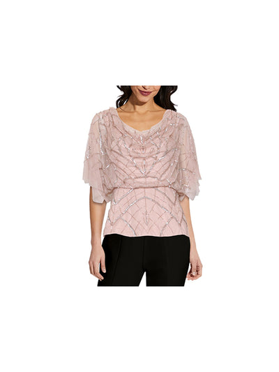 ADRIANNA PAPELL Womens Pink Zippered Beaded Sequin Embellished Flutter Sleeve Cowl Neck Party Top 2