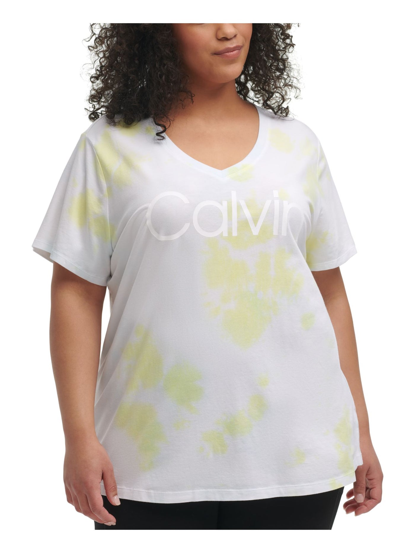 CALVIN KLEIN PERFORMANCE Womens Yellow Stretch Moisture Wicking Relaxed-fit Short Sleeve V Neck Active Wear T-Shirt Plus 1X