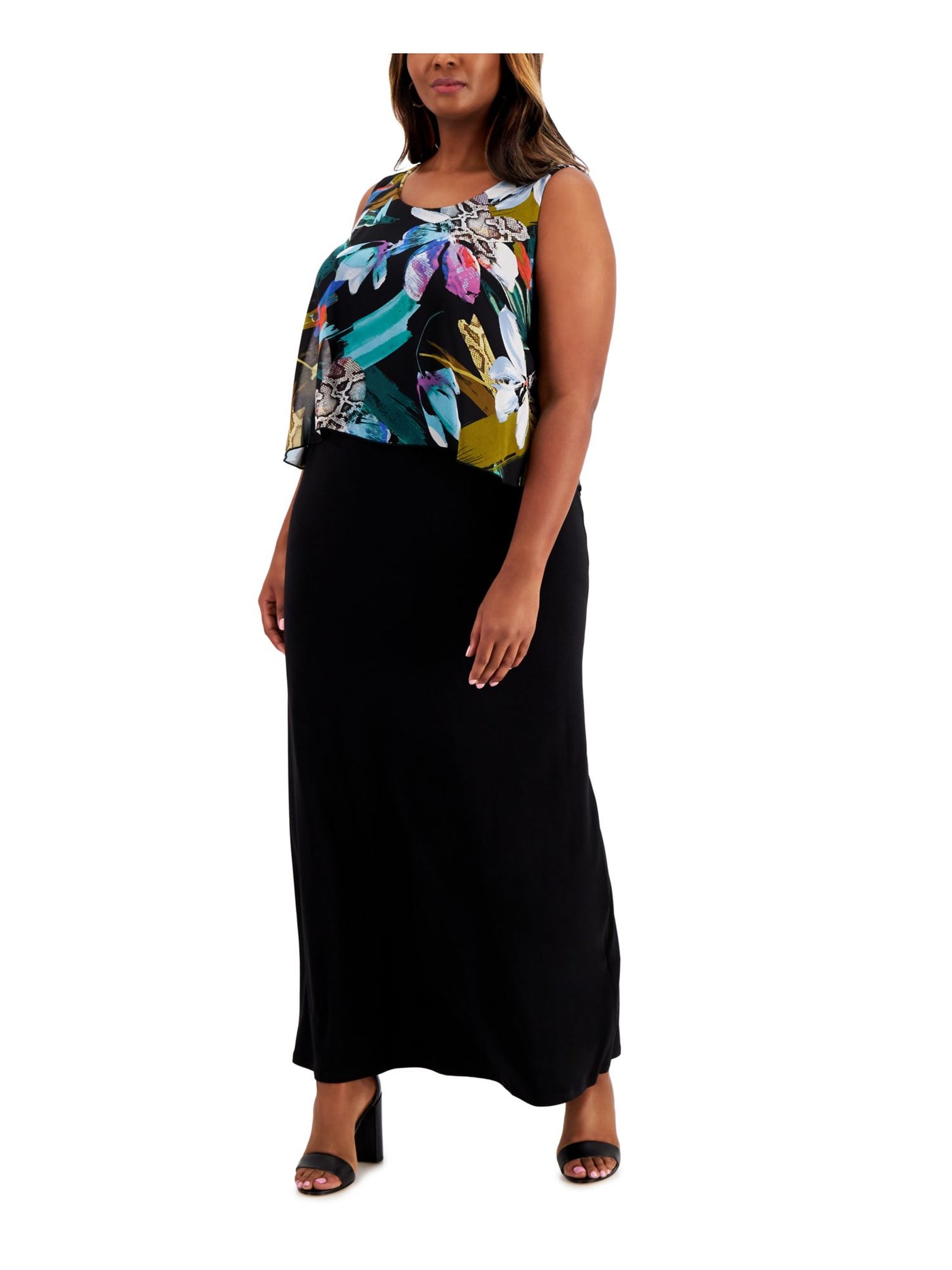 CONNECTED APPAREL Womens Black Stretch Printed Sleeveless Scoop Neck Maxi Evening Dress Plus 14W