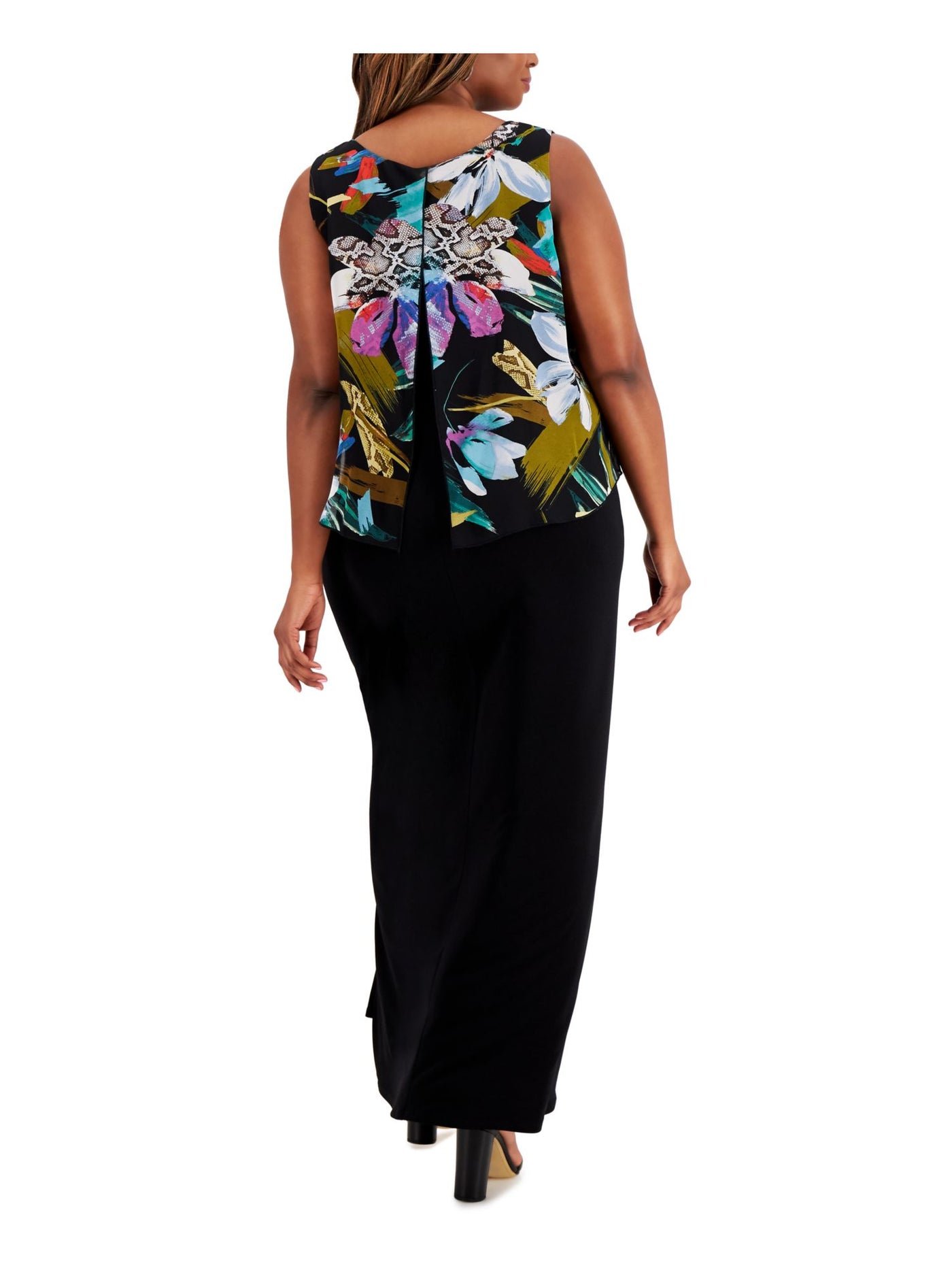 CONNECTED APPAREL Womens Black Stretch Printed Sleeveless Scoop Neck Maxi Evening Dress Plus 20W