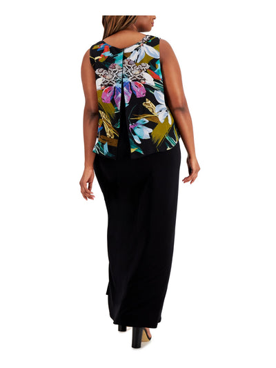 CONNECTED APPAREL Womens Black Stretch Printed Sleeveless Scoop Neck Maxi Evening Dress Plus 14W