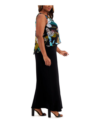 CONNECTED APPAREL Womens Black Stretch Printed Sleeveless Scoop Neck Maxi Evening Dress Plus 14W