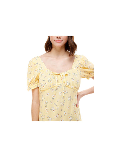 PLANET GOLD Womens Yellow Stretch Pleated Bow Detail Floral Pouf Sleeve Sweetheart Neckline Short Fit + Flare Dress M