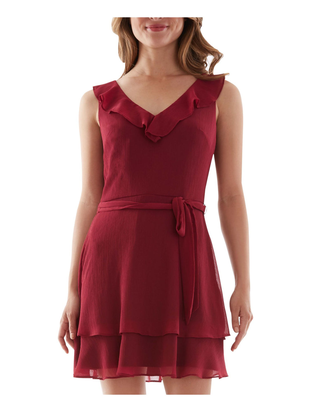 Bcx Dress Womens Burgundy Ruffled Tie Spaghetti Strap V Neck Short Evening Fit + Flare Dress Xs