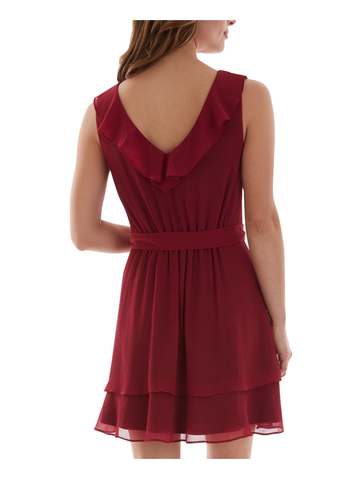 BCX DRESS Womens Maroon Ruffled Tie Sleeveless V Neck Short Evening Fit + Flare Dress Juniors M