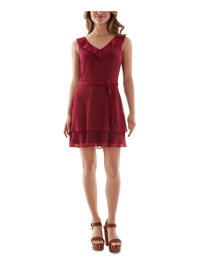 BCX DRESS Womens Burgundy Ruffled Tie Spaghetti Strap V Neck Short Evening Fit + Flare Dress Juniors XL