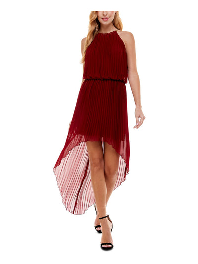 CITY STUDIO Womens Burgundy Pleated Necklace Trim High-low Hemline Sleeveless Halter Maxi Party Blouson Dress S