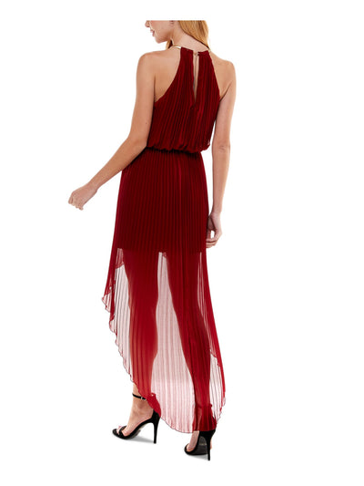 CITY STUDIO Womens Burgundy Pleated Necklace Trim High-low Hemline Sleeveless Halter Maxi Party Blouson Dress XXS