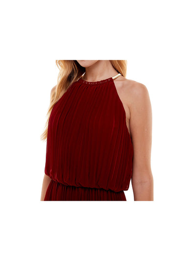 CITY STUDIO Womens Burgundy Pleated Necklace Trim High-low Hemline Sleeveless Halter Maxi Party Blouson Dress S