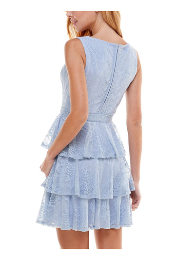 CITY STUDIO Womens Light Blue Stretch Zippered Ruffled Tiered Lace Tie-waist Sleeveless V Neck Mini Party Fit + Flare Dress 15