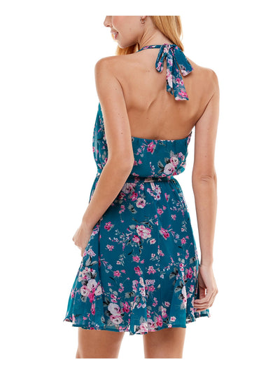 CITY STUDIO Womens Teal Tie Halter Floral Sleeveless Scoop Neck Mini Party Fit + Flare Dress L