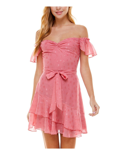CITY STUDIO Womens Pink Zippered Ruched Pleated, Sheer, Ruffled Flutter Sleeve Off Shoulder Short Party Fit + Flare Dress 9