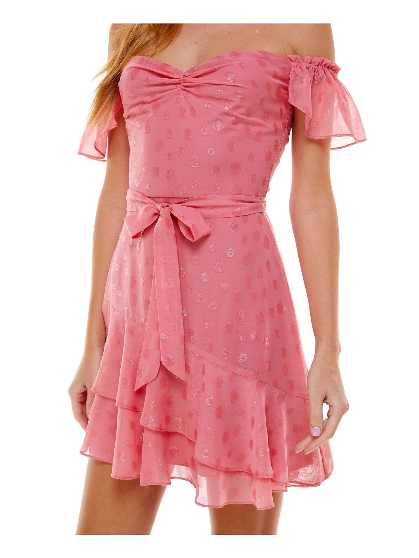 CITY STUDIO Womens Pink Zippered Ruffled Ruched Layered Tie Polka Dot Flutter Sleeve Off Shoulder Short Party Fit + Flare Dress Juniors 1