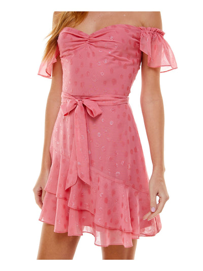 CITY STUDIO Womens Pink Zippered Ruffled Ruched Layered Tie Polka Dot Flutter Sleeve Off Shoulder Short Party Fit + Flare Dress Juniors 15